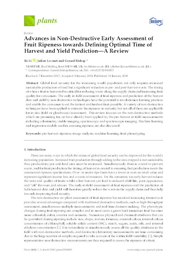 Advances in non-destructive early assessment of fruit ripeness towards defining optimal time of harvest and yield prediction—a review Thumbnail