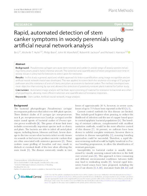 Rapid, automated detection of stem canker symptoms in woody perennials using artificial neural network analysis Thumbnail