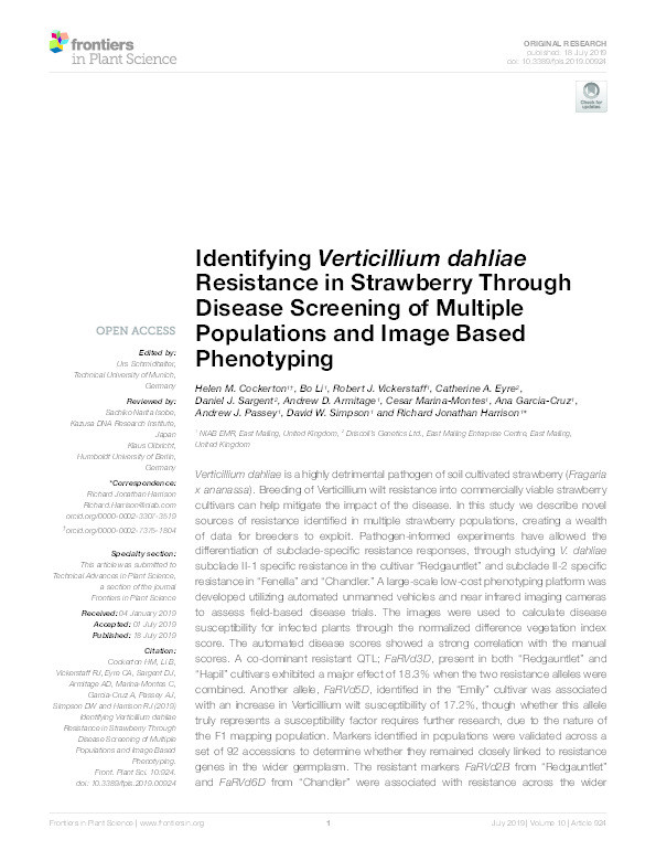 Identifying Verticillium dahliae resistance in strawberry through disease screening of multiple populations and image based phenotyping Thumbnail