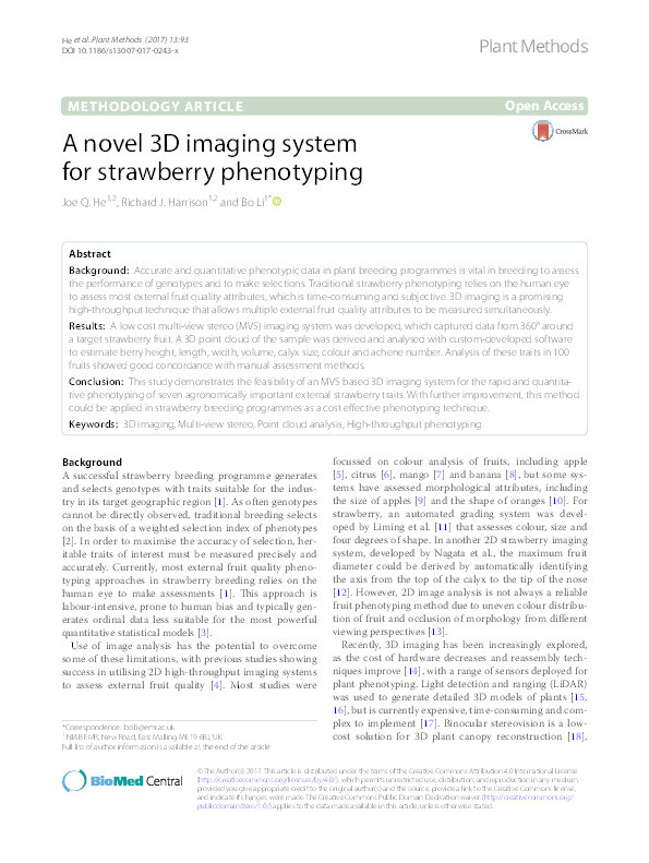 A novel 3D imaging system for strawberry phenotyping Thumbnail