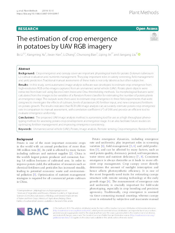 The estimation of crop emergence in potatoes by UAV RGB imagery Thumbnail