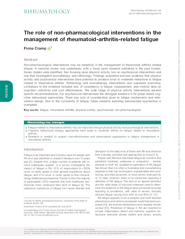 The role of non-pharmacological interventions in the management of rheumatoid-arthritis-related fatigue Thumbnail