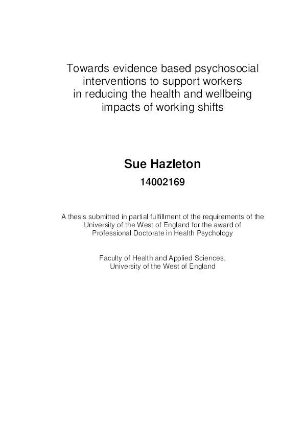 Towards evidence based psychosocial interventions to support workers in reducing the health and wellbeing impacts of working shifts Thumbnail