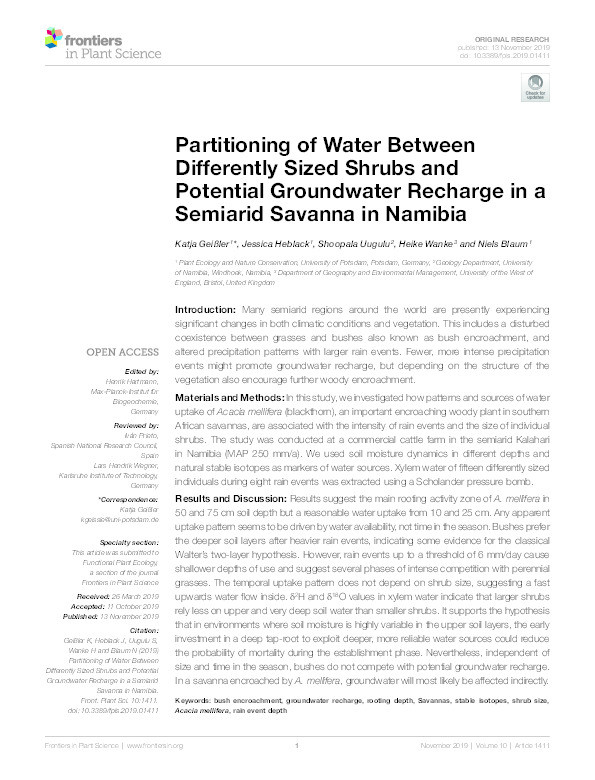 Partitioning of water between differently sized shrubs and potential groundwater recharge in a semiarid savanna in Namibia Thumbnail