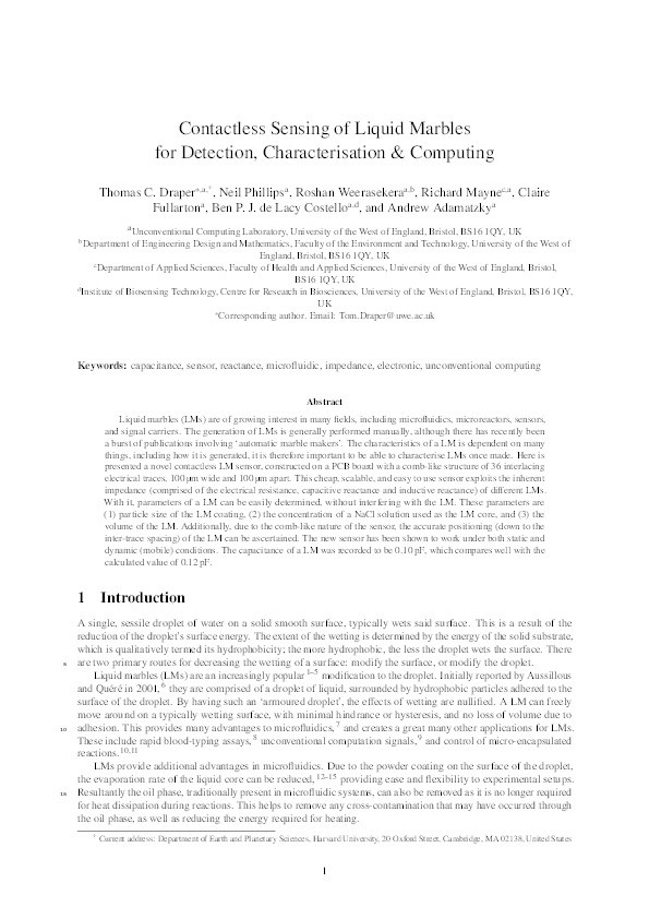 Contactless sensing of liquid marbles for detection, characterisation & computing Thumbnail