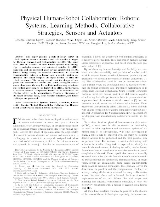 Physical human-robot collaboration: Robotic systems, learning methods, collaborative strategies, sensors, and actuators Thumbnail