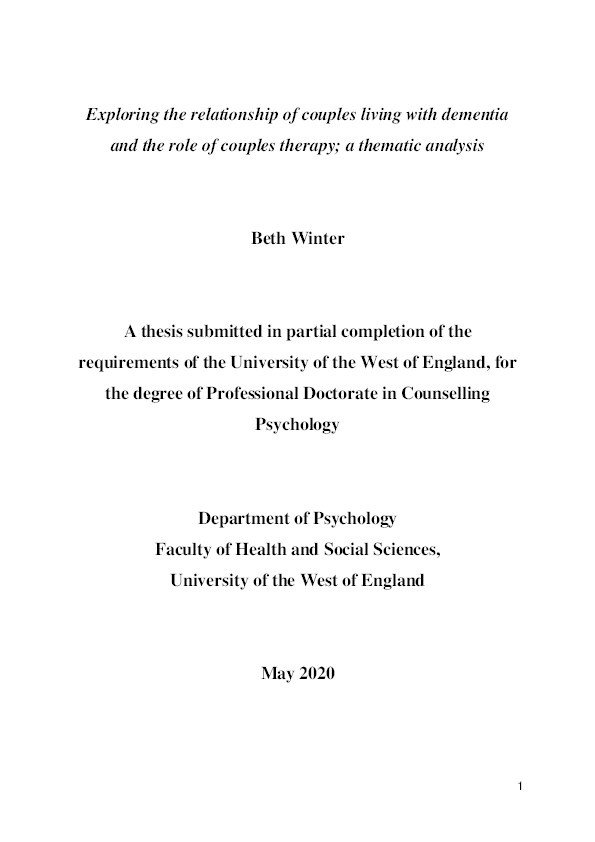Exploring the relationship of couples living with dementia and the role of couples therapy; a thematic analysis Thumbnail