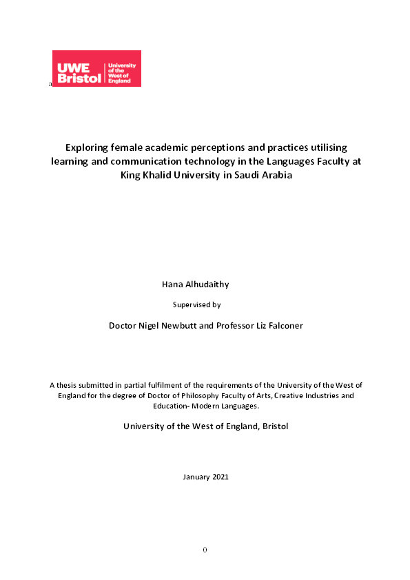 Exploring female academic perceptions and practices utilising learning and communication technology in the Languages Faculty at King Khalid University in Saudi Arabia Thumbnail