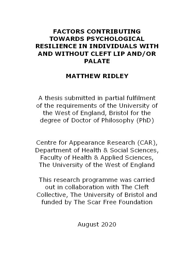 Factors contributing towards psychological resilience in individuals with and without cleft lip and or/palate Thumbnail