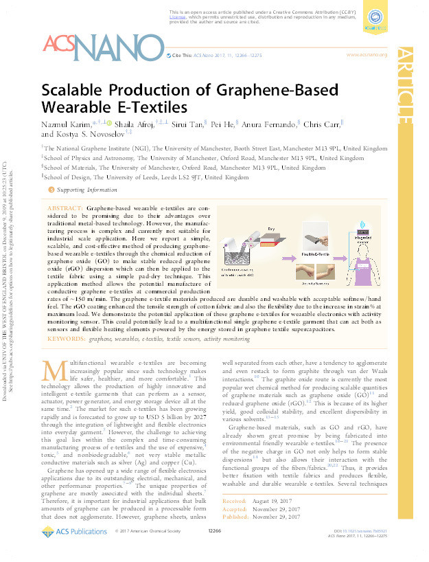Scalable Production of Graphene-Based Wearable E-Textiles Thumbnail