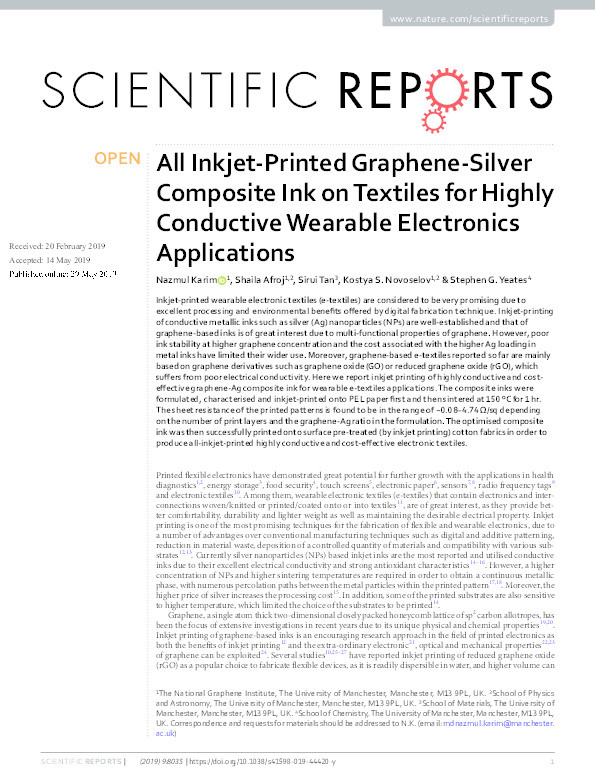 All Inkjet-Printed Graphene-Silver Composite Ink on Textiles for Highly Conductive Wearable Electronics Applications Thumbnail
