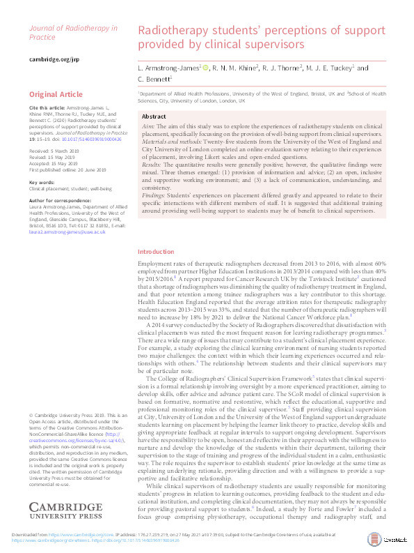 Radiotherapy students’ perceptions of support provided by clinical supervisors Thumbnail