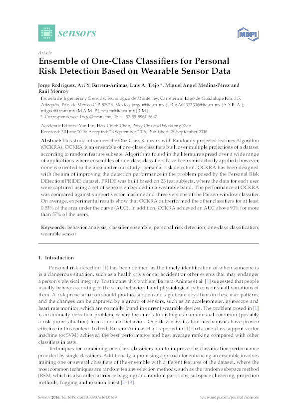 Ensemble of one-class classifiers for personal risk detection based on wearable sensor data Thumbnail