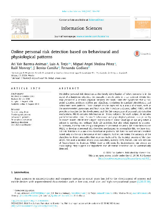 Online personal risk detection based on behavioural and physiological patterns Thumbnail