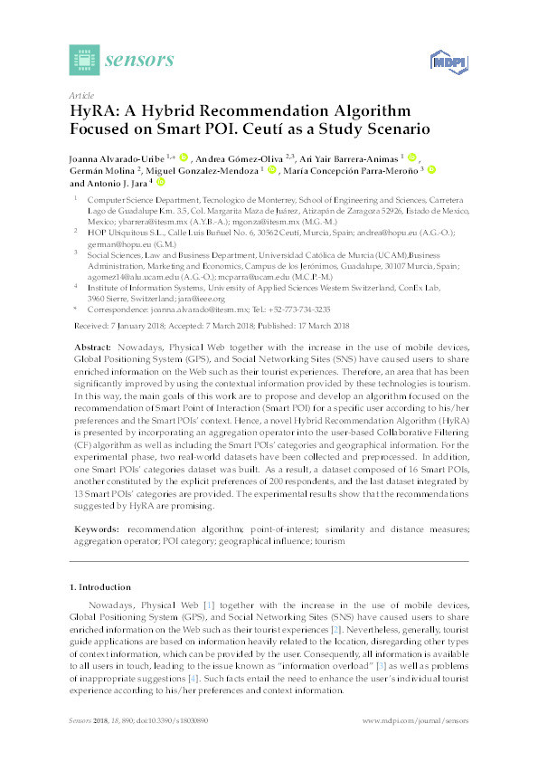 HyRA: A hybrid recommendation algorithm focused on smart POI. Ceutí as a study scenario Thumbnail