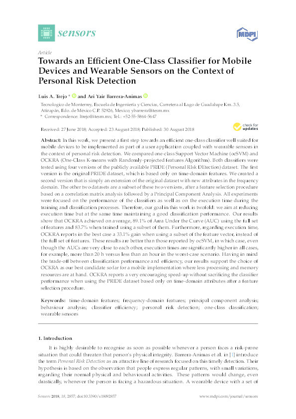 Towards an efficient one-class classifier for mobile devices and wearable sensors on the context of personal risk detection Thumbnail