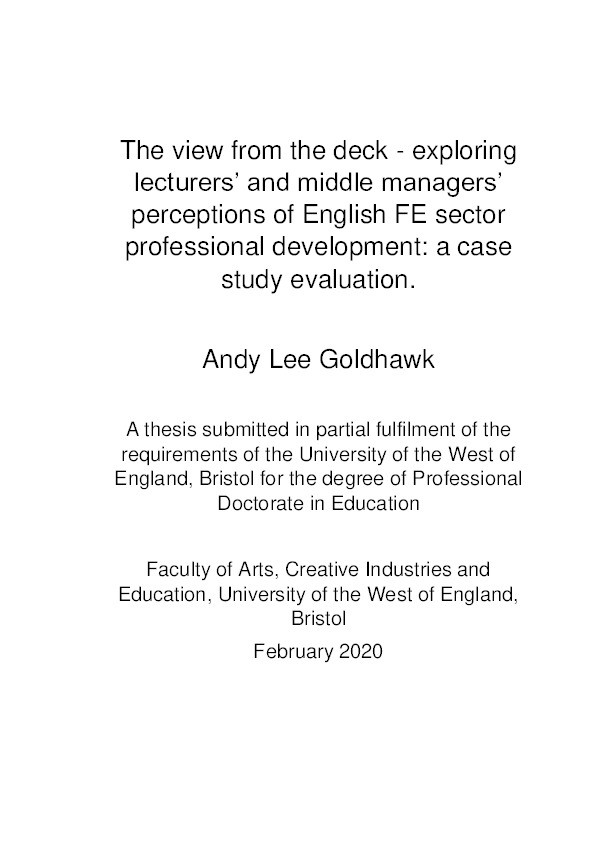 The view from the deck - exploring lecturers’ and middle managers’ perceptions of English FE sector professional development: A case study evaluation Thumbnail
