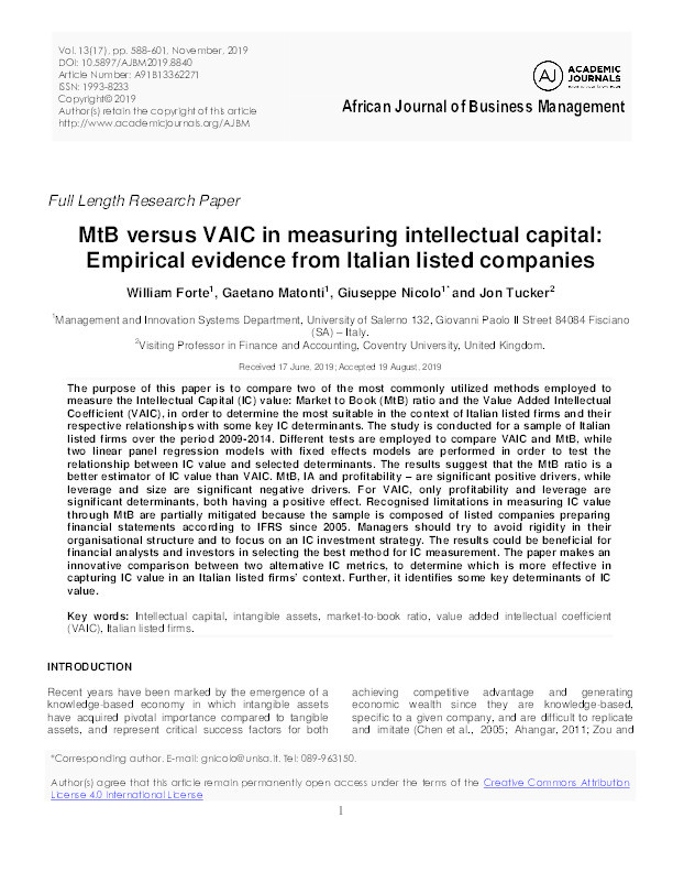 MtB versus VAIC in measuring intellectual capital: Empirical evidence from Italian listed companies Thumbnail