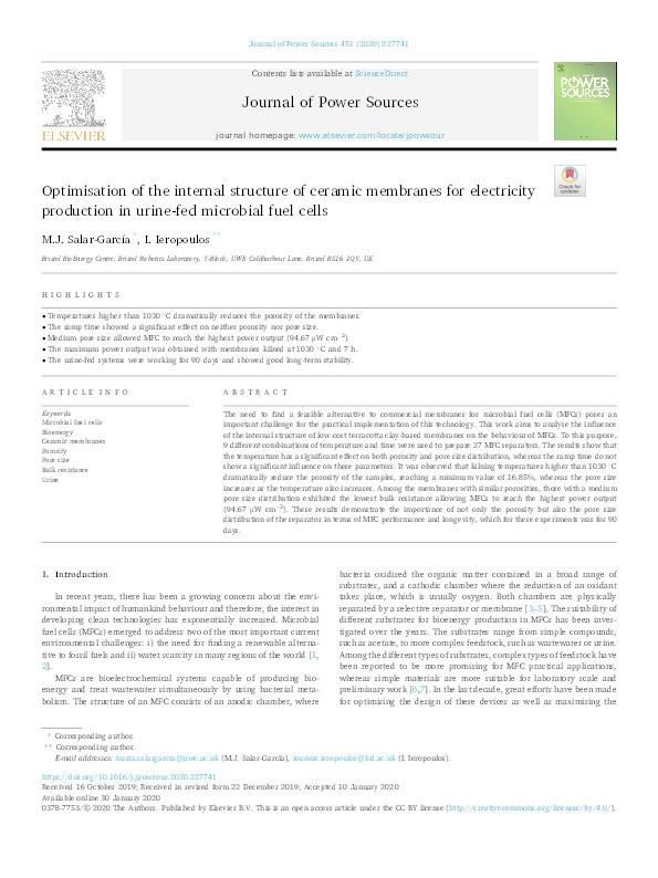 Optimisation of the internal structure of ceramic membranes for electricity production in urine-fed microbial fuel cells Thumbnail