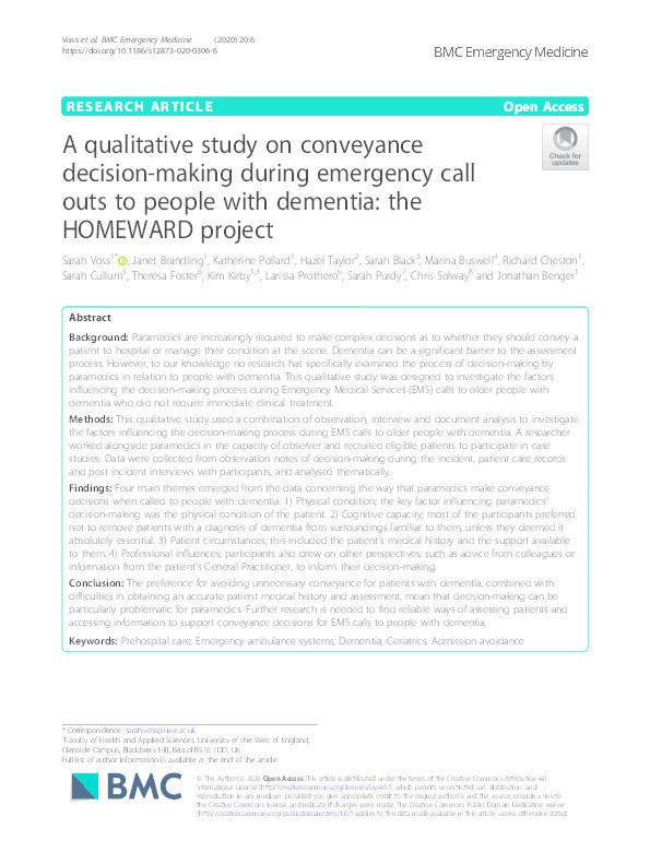A qualitative study on conveyance decision-making during emergency call outs to people with dementia: The HOMEWARD project Thumbnail