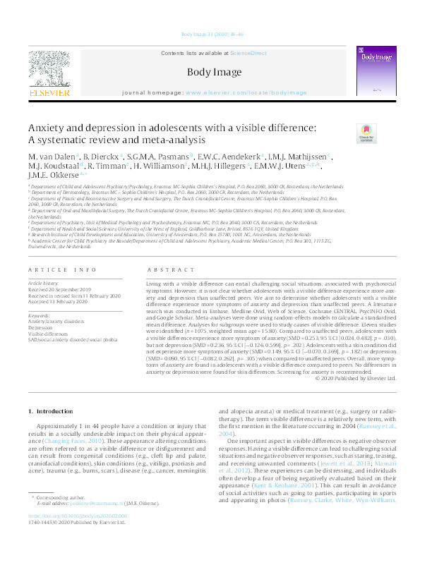 Anxiety and depression in adolescents with a visible difference: A systematic review and meta-analysis Thumbnail