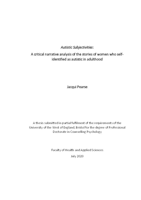 Autistic subjectivities: A critical narrative analysis of the stories of women who self-identified as autistic in adulthood Thumbnail