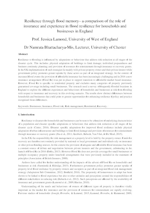Resilience through flood memory-A comparison of the role of insurance and experience in flood resilience for households and businesses in England Thumbnail