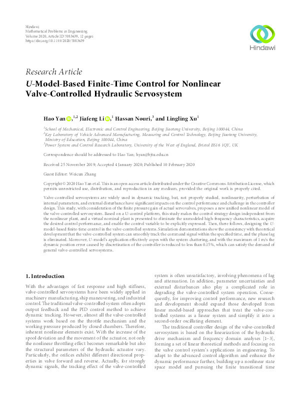 U -Model-Based Finite-Time Control for Nonlinear Valve-Controlled Hydraulic Servosystem Thumbnail