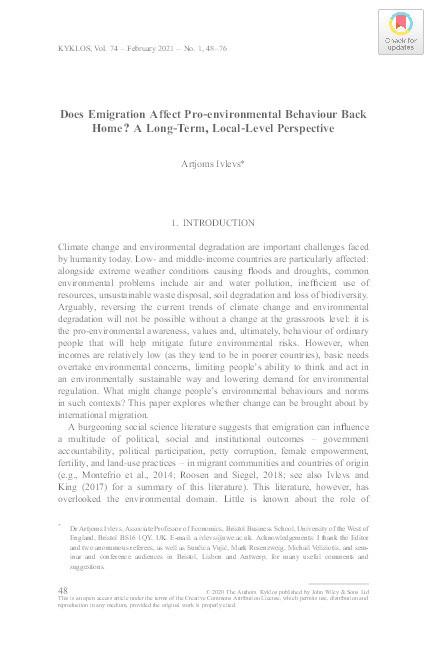 Does emigration affect pro-environmental behaviour back home?  A long-term, local-level perspective Thumbnail