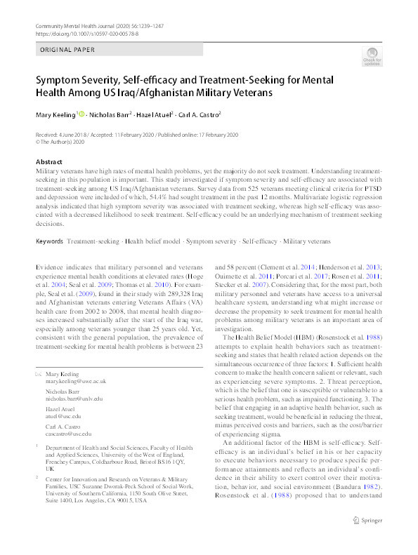 Symptom severity, self-efficacy and treatment-seeking for mental health among US Iraq/Afghanistan military veterans Thumbnail