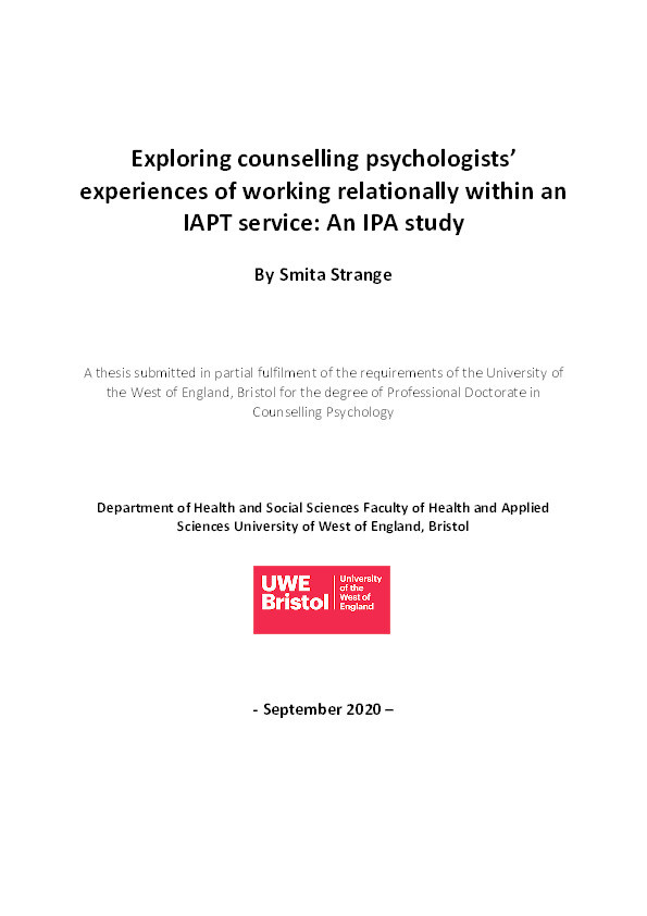 Exploring counselling psychologists’ experiences of working relationally within an IAPT service: An IPA study Thumbnail