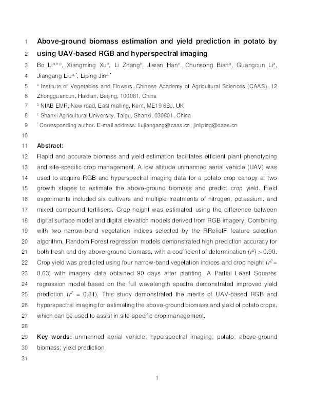 Above-ground biomass estimation and yield prediction in potato by using UAV-based RGB and hyperspectral imaging Thumbnail