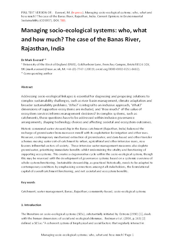 Managing socio-ecological systems: who, what and how much? The case of the Banas river, Rajasthan, India Thumbnail