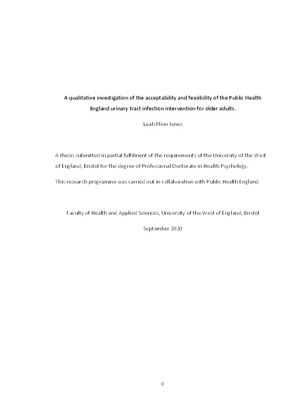 A qualitative investigation of the acceptability and feasibility of the Public Health England urinary tract infection intervention for older adults Thumbnail