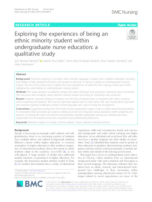 Exploring the experiences of being an ethnic minority student within undergraduate nurse education: A qualitative study Thumbnail