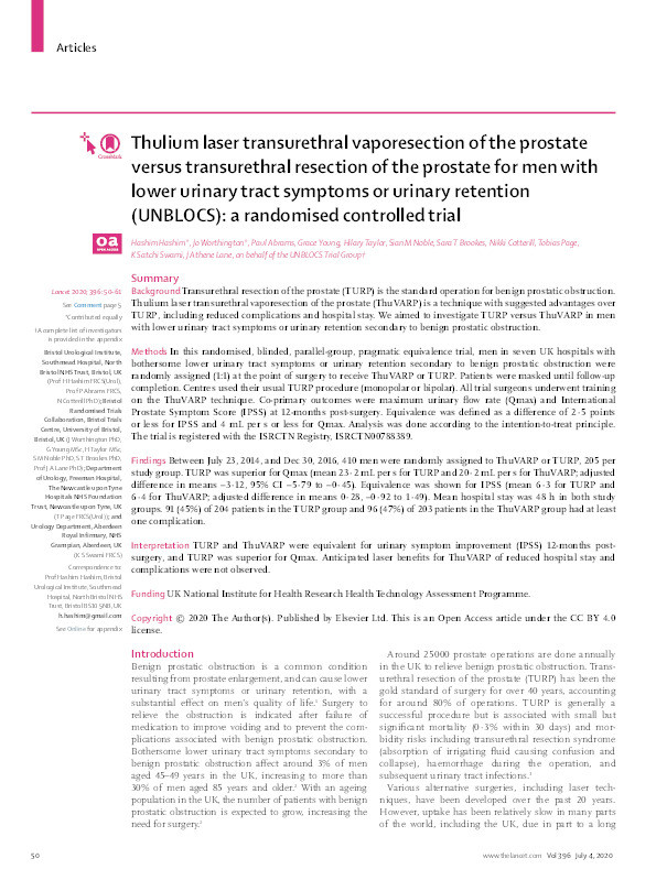Thulium laser transurethral vaporesection of the prostate versus transurethral resection of the prostate for men with lower urinary tract symptoms or urinary retention (UNBLOCS): A randomised controlled trial Thumbnail