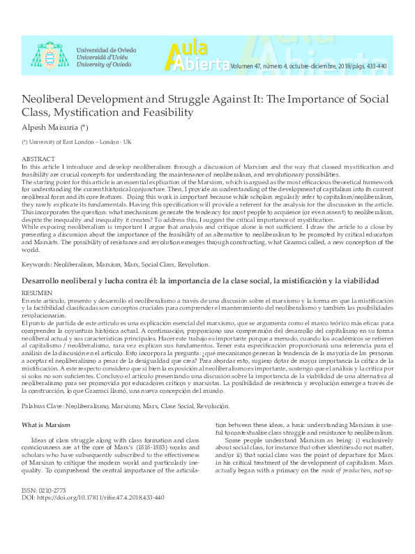 Neoliberal development and struggle against it: The importance of social class, mystification and feasibility Thumbnail