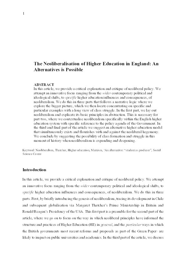 The Neoliberalisation of Higher Education in England: An Alternatives is Possible Thumbnail