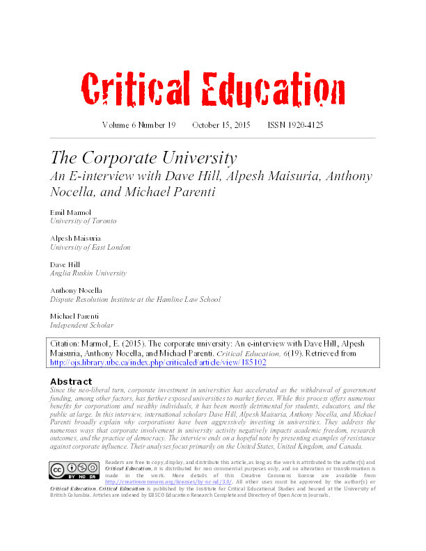 The corporate university: An e-interview with Dave Hill, Alpesh Maisuria, Anthony Nocella, and Michael Parenti Thumbnail