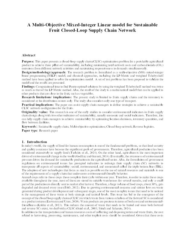 A multi-objective mixed-integer linear model for sustainable fruit closed-loop supply chain network Thumbnail