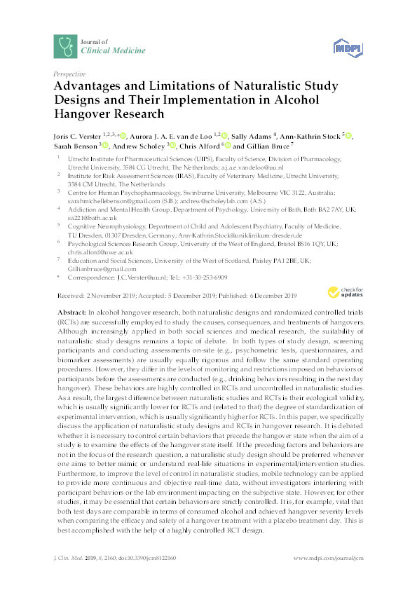 Advantages and limitations of naturalistic study designs and their implementation in alcohol hangover research Thumbnail