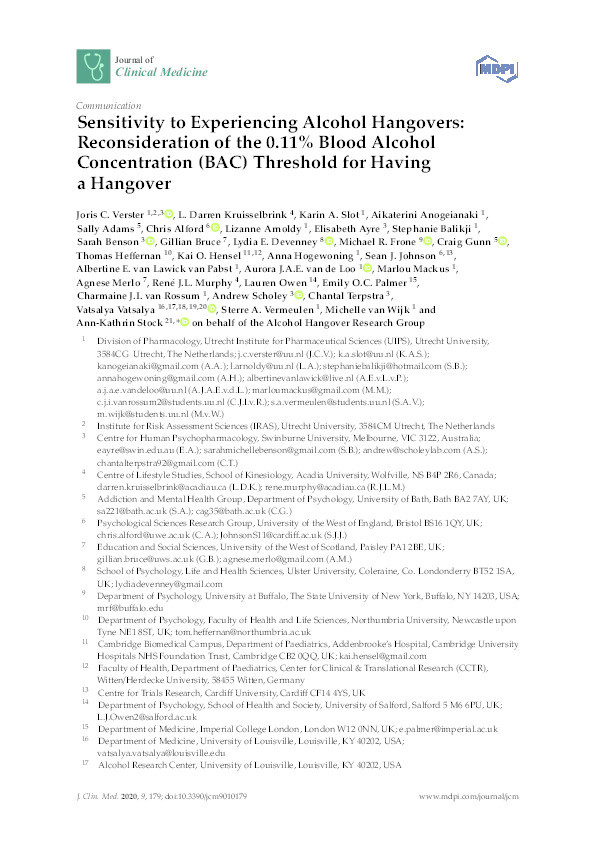 Sensitivity to experiencing alcohol hangovers: Reconsideration of the 0.11% blood alcohol concentration (BAC) threshold for having a hangover Thumbnail