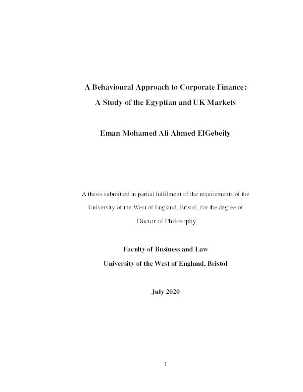 A behavioural approach to corporate finance: A study of the Egyptian and UK markets Thumbnail