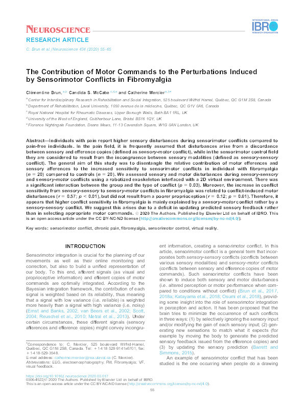 The contribution of motor commands to the perturbations induced by sensorimotor conflicts in fibromyalgia Thumbnail