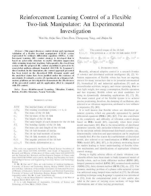 Reinforcement learning control of a flexible two-link manipulator: an experimental investigation Thumbnail