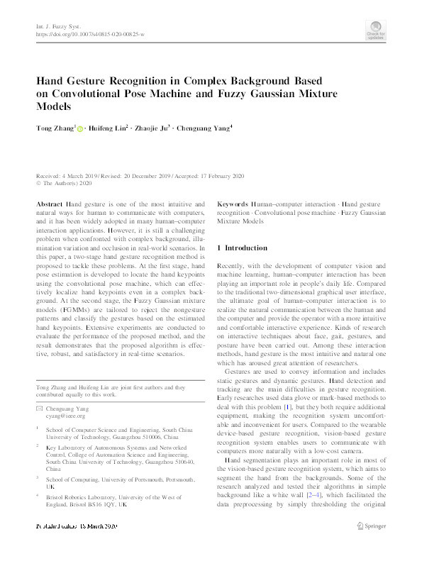 Hand gesture recognition in complex background based on convolutional pose machine and fuzzy gaussian mixture models Thumbnail