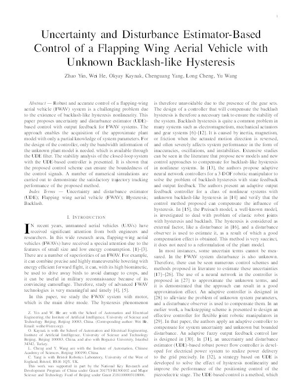 Uncertainty and disturbance estimator-based control of a flapping-wing aerial vehicle withwith unknown backlash-like hysteresis Thumbnail