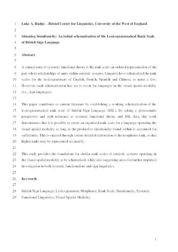 Situating simultaneity: An initial schematisation of the lexicogrammatical rank scale of British Sign Language Thumbnail