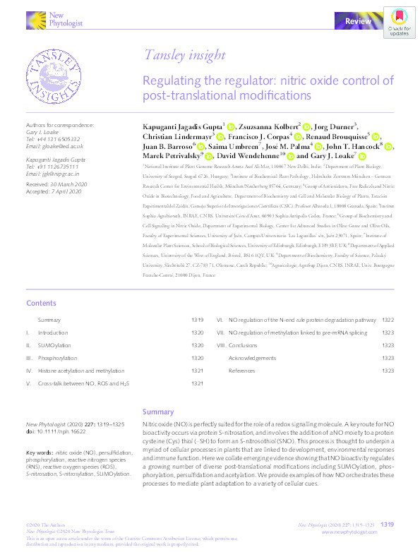 Regulating the regulator: nitric oxide control of post-translational modifications Thumbnail