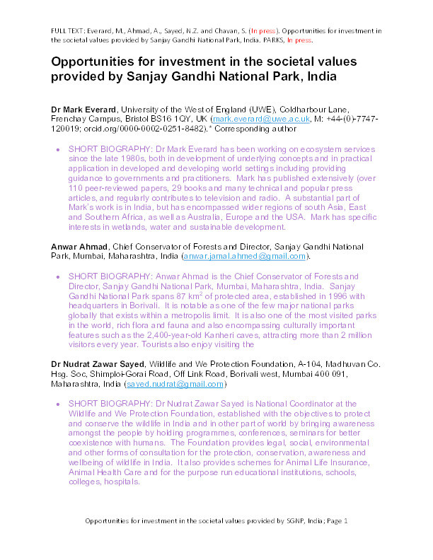 Opportunities for investment in the societal values provided by Sanjay Gandhi National Park, India Thumbnail